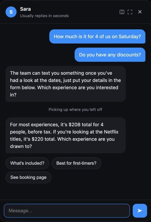Screenshot of a real website chat answering a price question for four people with a total, after a discount question that was answered with an offer of a human follow-up instead of an invented code.