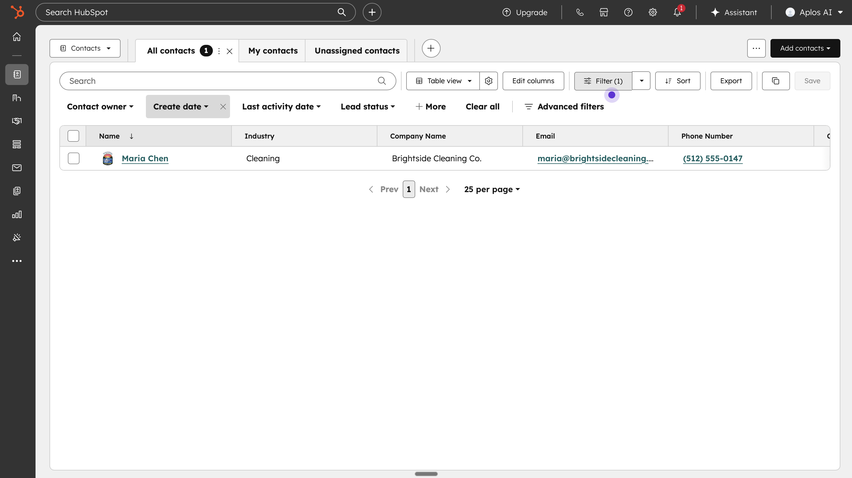 HubSpot contacts list showing Maria Chen with Industry: Cleaning, Company: Brightside Cleaning Co.