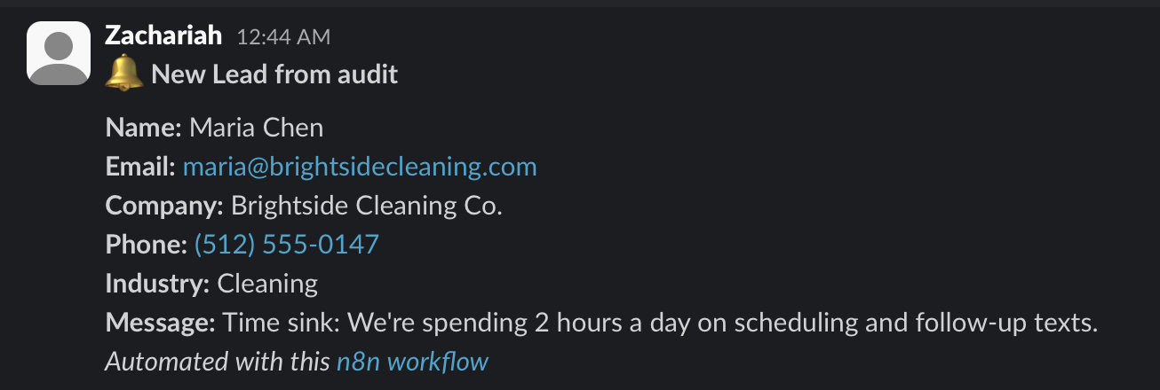 Slack message showing new lead notification with name, email, company, phone, industry, and message fields